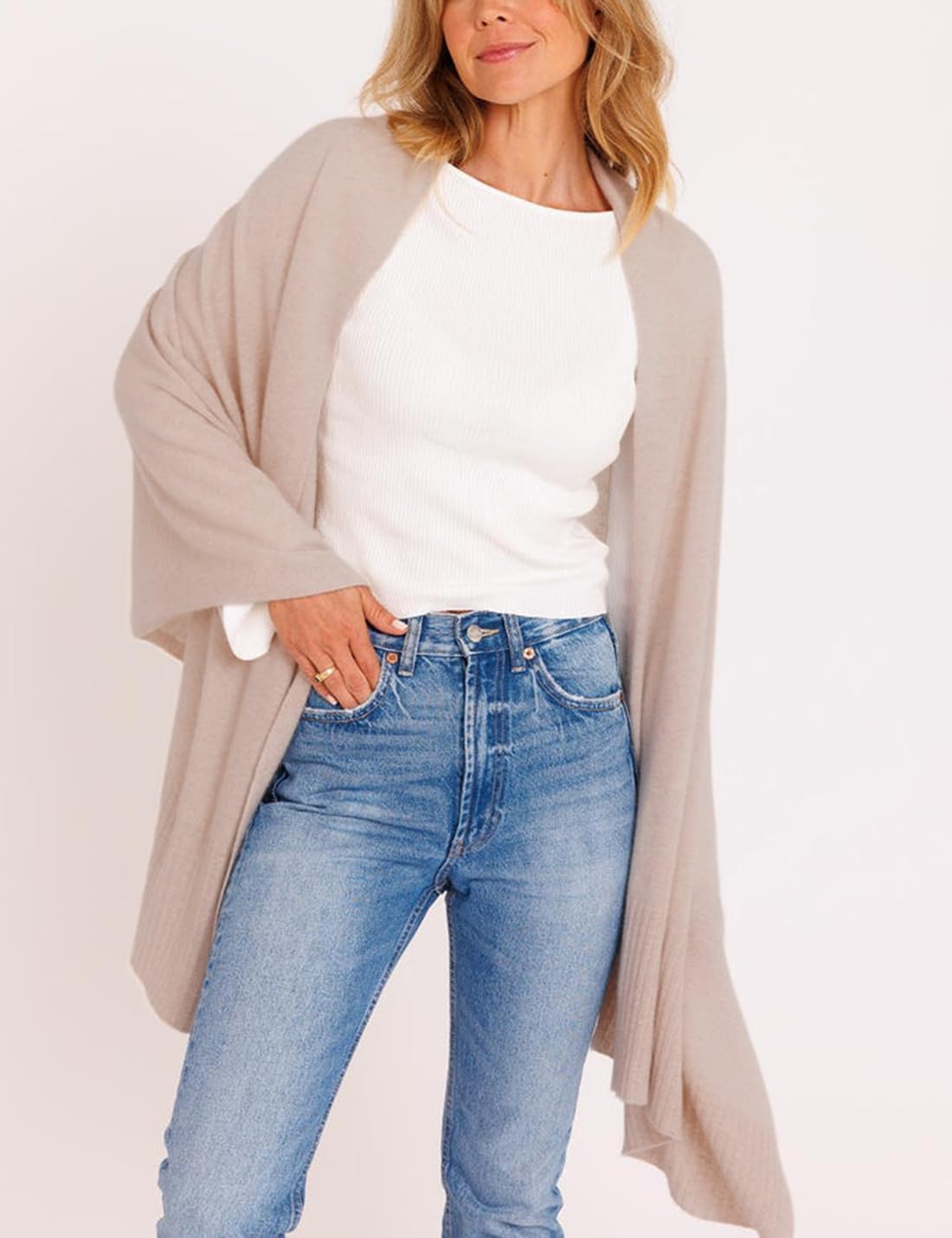 EsheSy Women's Shawl Wrap Open Front Poncho Sweater Ribbed Hem Loose Shrug Cardigan Scarf Travel Cover ups