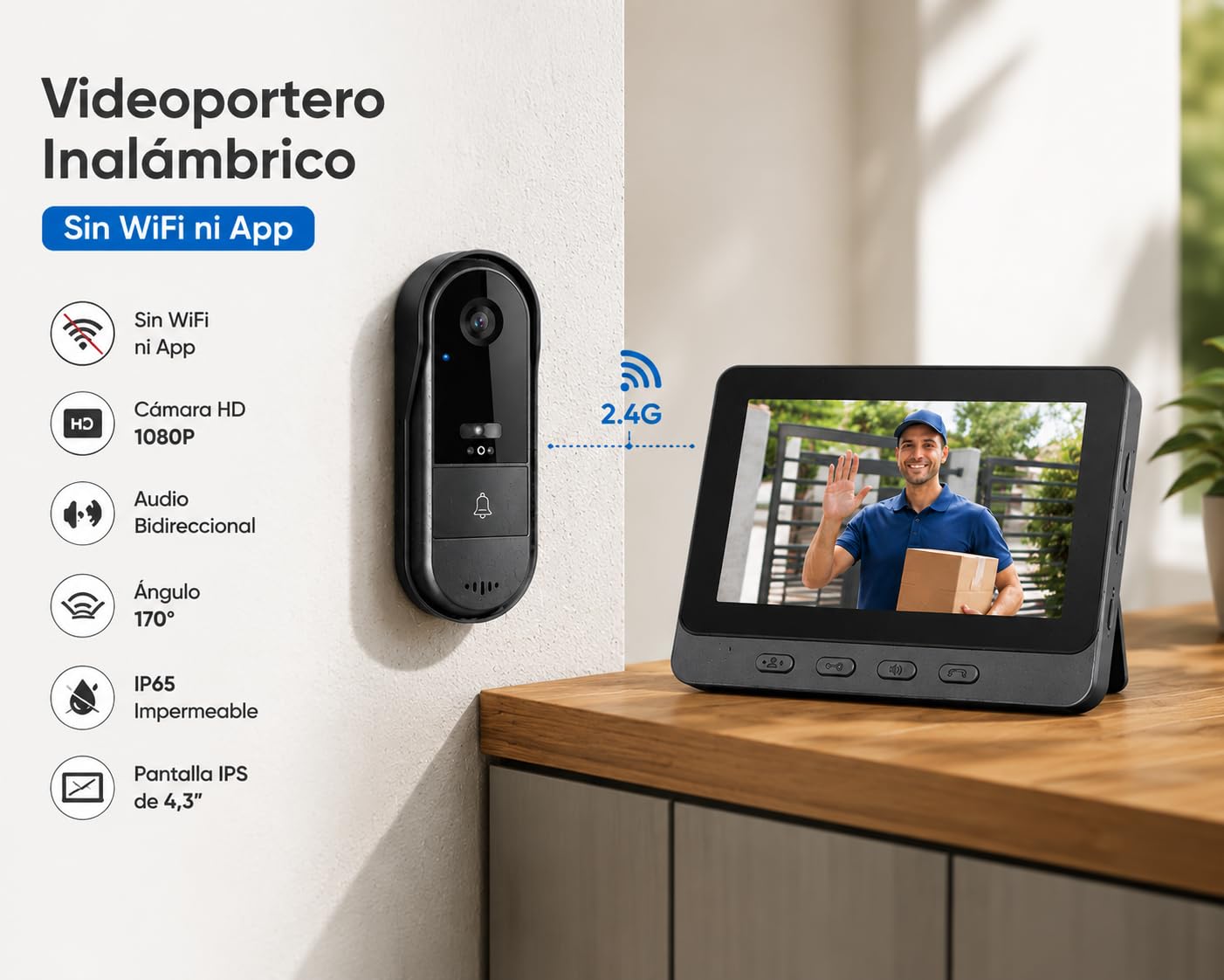 Zeerkeer Videoportero Inalámbrico Sin WiFi con Pantalla IPS de 4,3", Timbre con Cámara 1080P, Audio Bidireccional, Visión Nocturna, Ángulo 170° e IP65 Impermeable