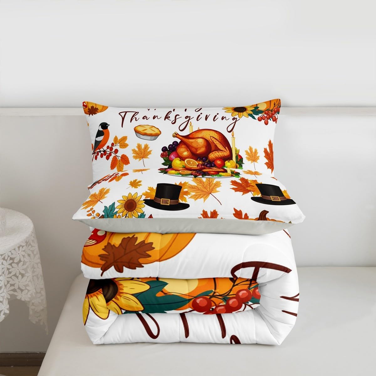 Thanksgiving Turkey Bedding Queen for Boys Girls Women Happy Fall Y'All Comforter Set Autumn Harvest Themed Bedding Comforter Sets Fall Season Duvet Insert Farm Maple Leaf Pumpkin Sunflowers Quilt