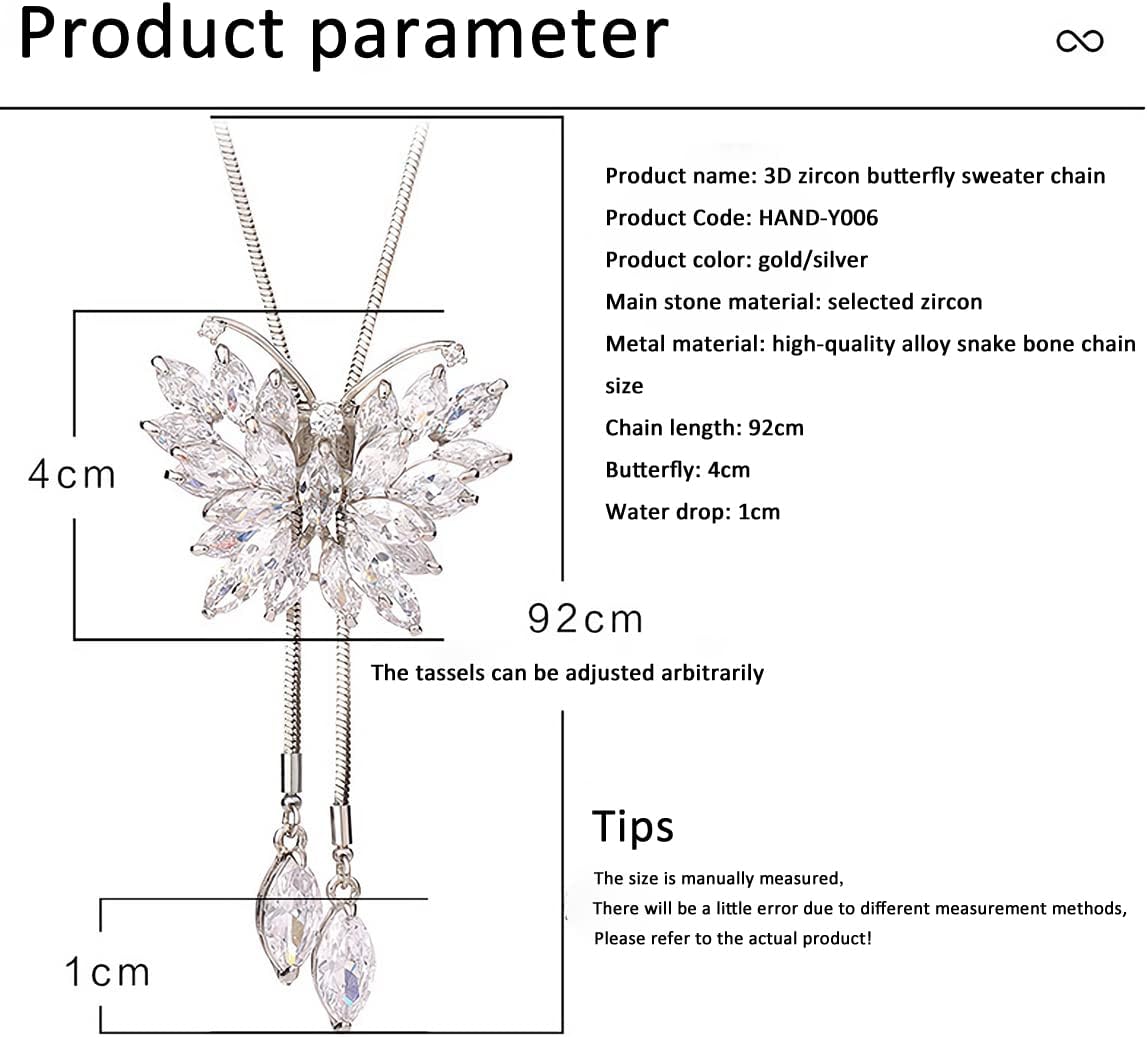 Women Cubic Zirconia flower Butterfly Long Adjustable Chain Pendant Sweater Necklace - Image 5