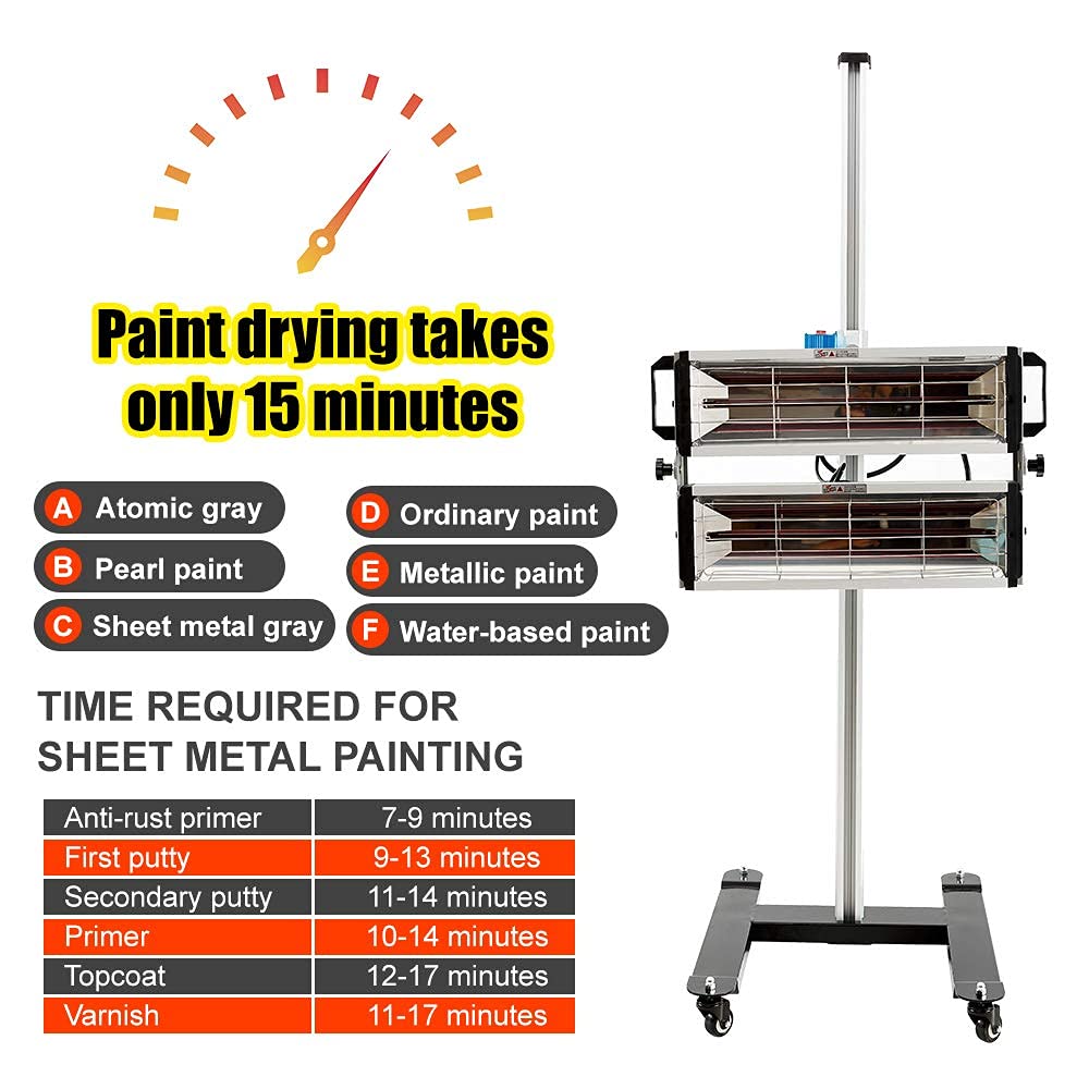 DATOUBOSS 2000W Lampe Infrarouge Mobile à ondes courtes pour Séchage de Peinture et Durcissement de Peinture pour Réparation Automobile