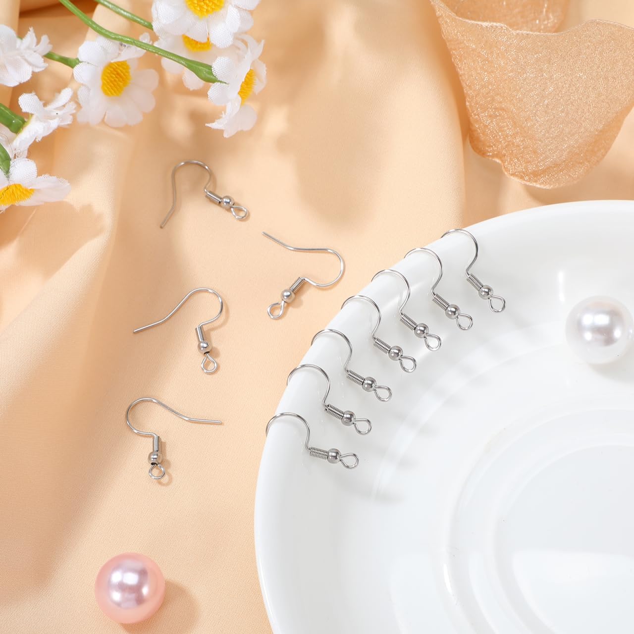 Angoily Earring Hooks 100Pcs Silver Ear Hook Beads with Ball and Coil Titanium Hypoallergenic Earring Findings for DIY Jewelry Making and Women S Dangle Wear Accessories 0.78X0.70 Inch