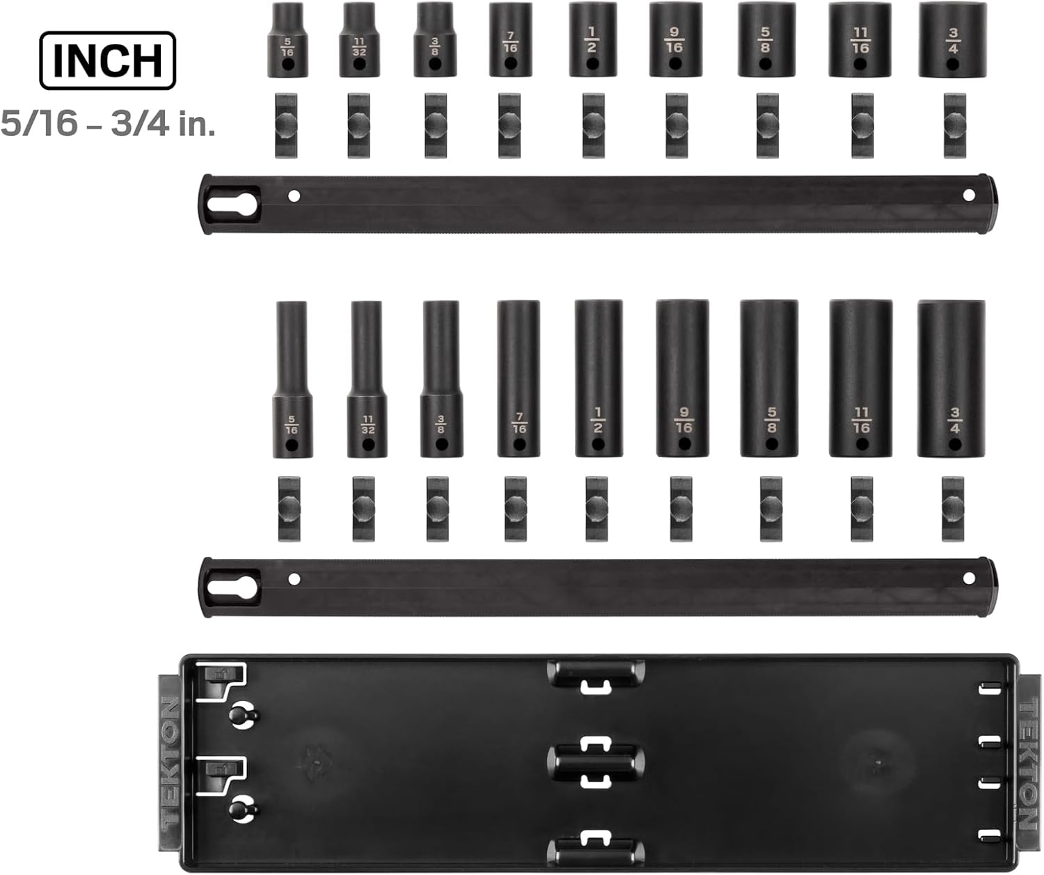 TEKTON 3/8 Inch Drive 6-Point Impact Socket Set with Rails and Tray, 18-Piece (5/16-3/4 in.) | SID91208