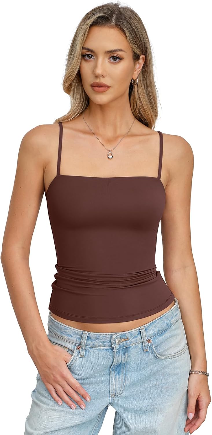 Womens Double Lined Camisole Square Neck Spaghetti Strap Tank Top Sexy Backless Shirt Fitted Y2K Going Out Top - Image 2