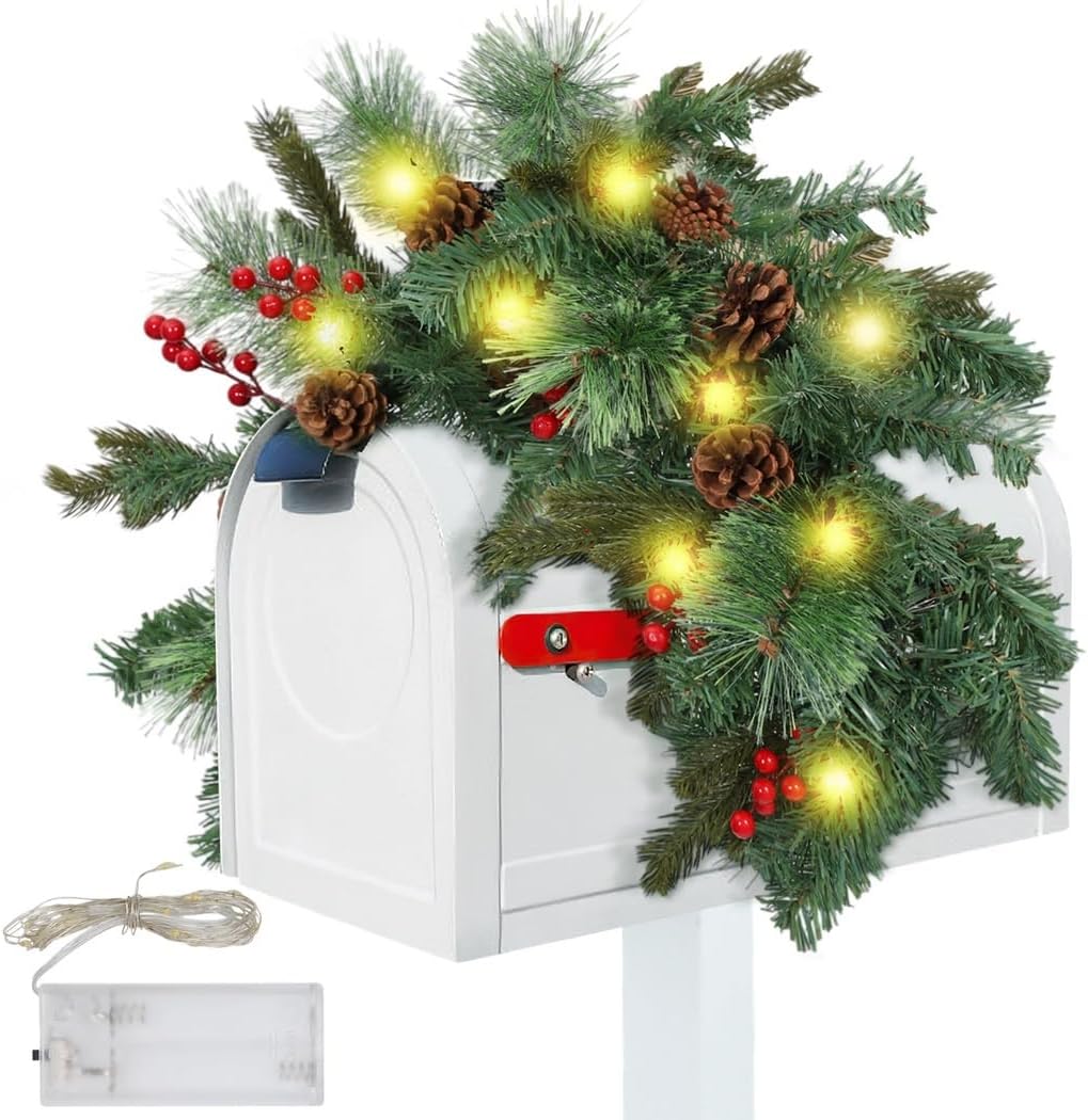 Lighted Pinecone Mailbox Swag, 35 Inch Garland with 20 LEDs, 6.56Ft String Light, Glowing Pine Cone and Red Berry Design for Winter Holiday Decorations