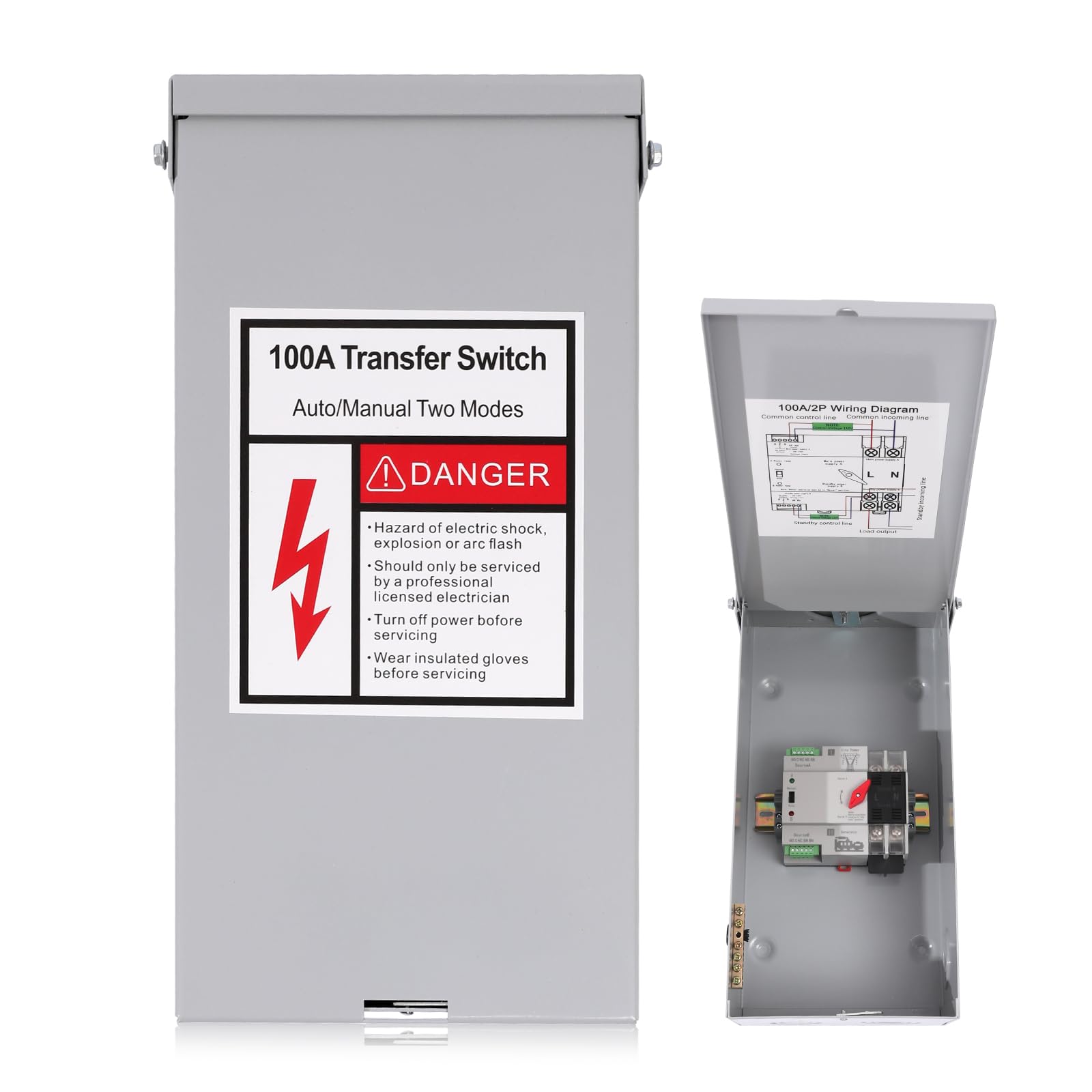 Automatic Transfer Switch, 100 Amp Generator Transfer Switch, 2P 3 Wires 120V, NEMA-3R Enclosure for Outdoor and Indoor