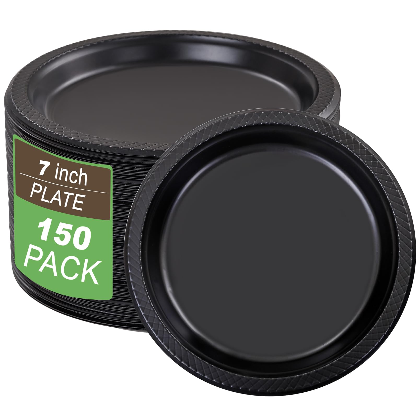 WELLIFE Black Party Plates 7 Inch -150 Count Plastic Plates for Party, Disposable Plastic Plates Set for Party Supplies & Dessert Plates