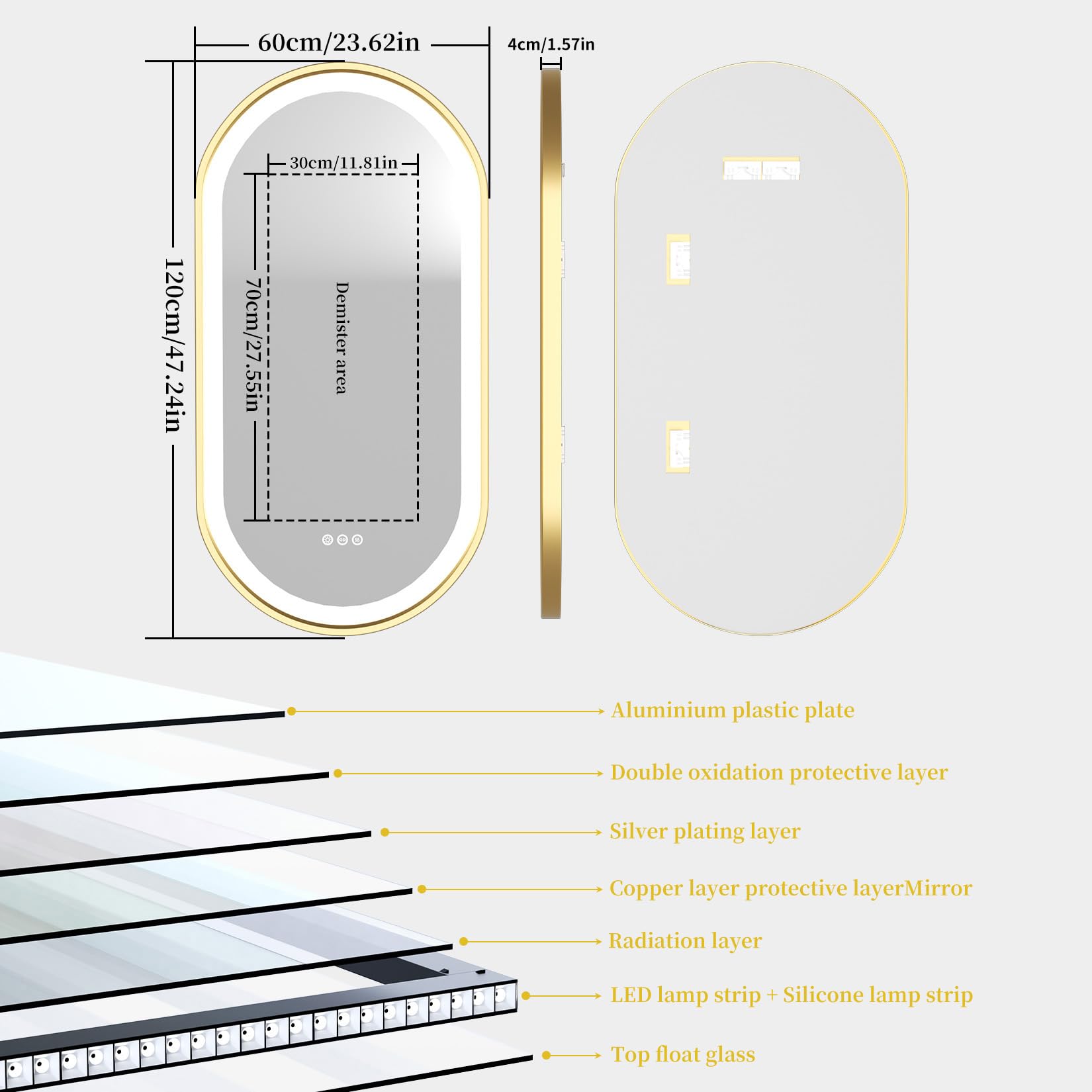 LUVODI Specchio Bagno LED Luce: Cornice Dorata Ovale 120x60cm Specchio Smart Led Bagno Oro da Parete 3 Touch Grande Illuminato Frontale Antiappannamento Dimmerabile Verticale Orizzontale
