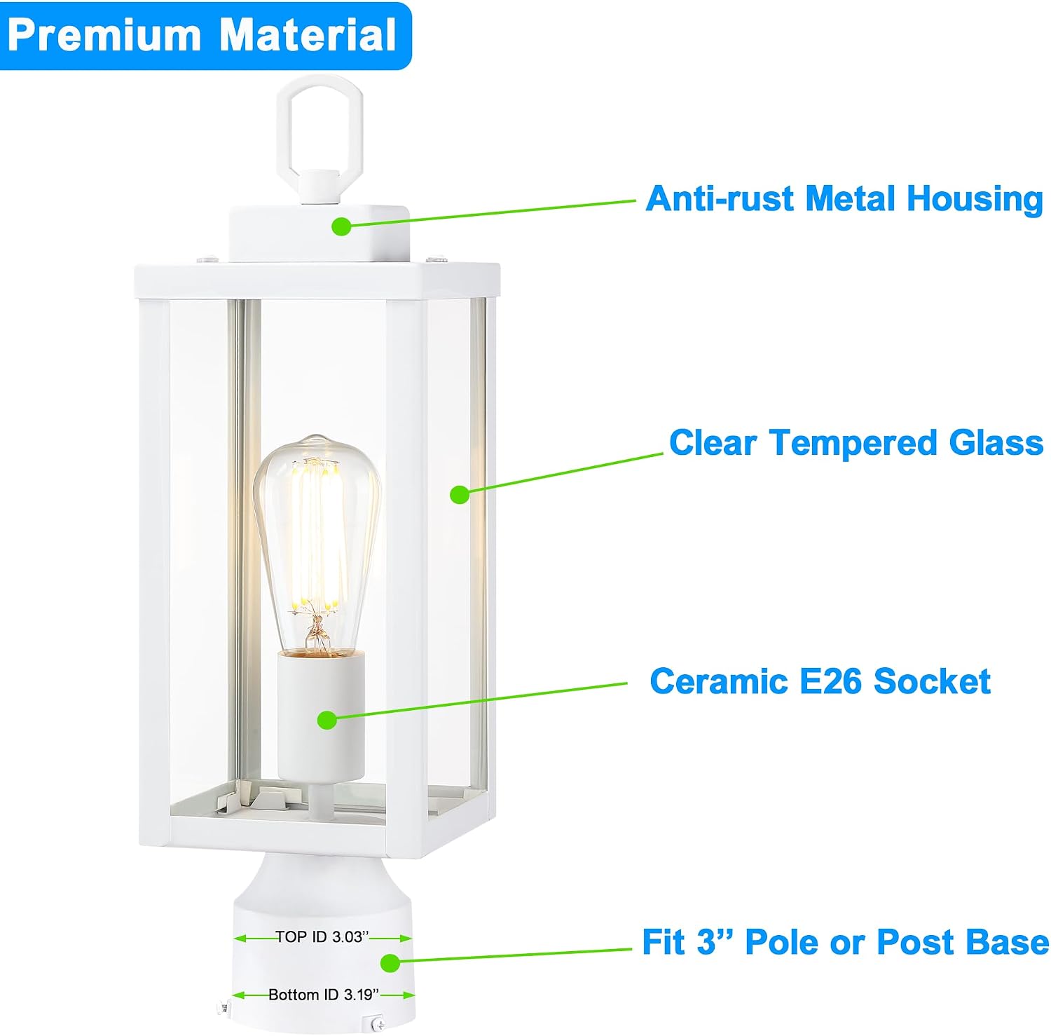 Outdoor Post Lights, Modern White Pole Light Fixture, Exterior Post Lantern with Tempered Glass, Anti-Rust Metal Pole Lamp for Yard Driveway Patio Garden, 1-Pack