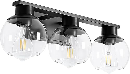 3 luces negras para tocador de baño, modernos accesorios de iluminación de baño con pantalla de vidrio de globo, lámpara de pared negra mate de 22