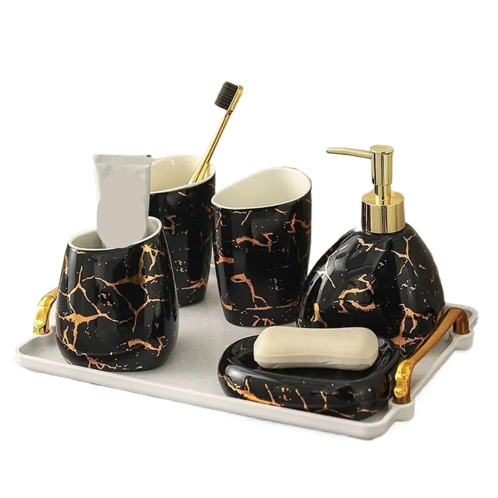 WNBFTTK Seifenspender Set Exquisites vergoldetes Badezimmerset aus schwarzer Keramik, Lotionflasche, Seifenspender, Haushaltszubehör for Mundwasser(Color13)