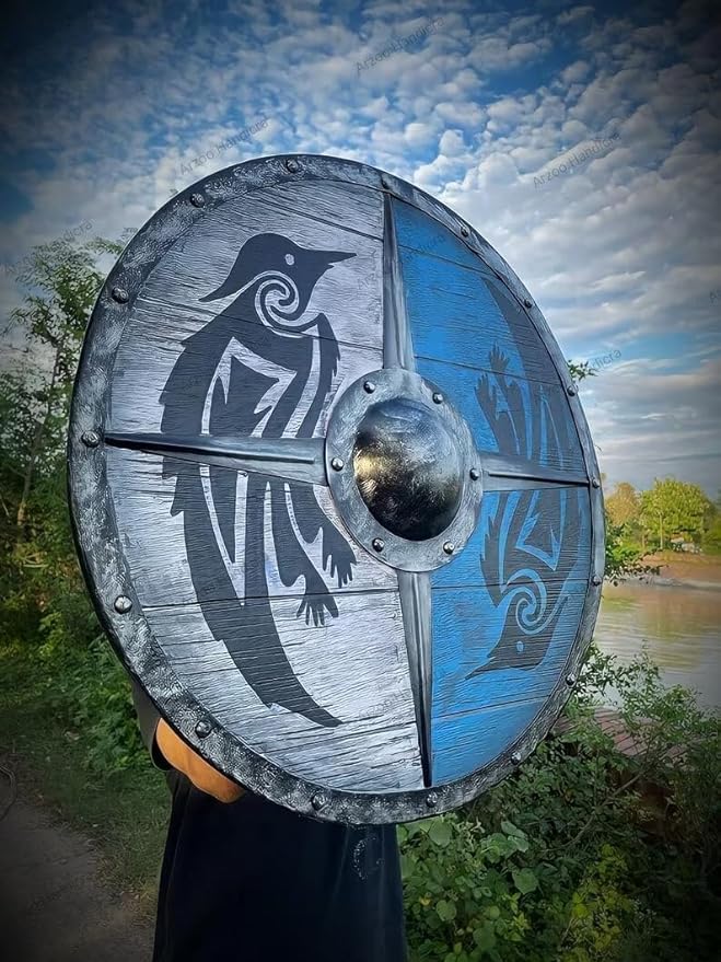 Handgemachter 24-Zoll-Hölzerner Eivor Valhalla Rabenschirm - Norwegischer Wikinger Wanddekoration Sturmschild - Wikinger Schwert und Schild, Mittelalterliche Kriegsspiele Zubehör