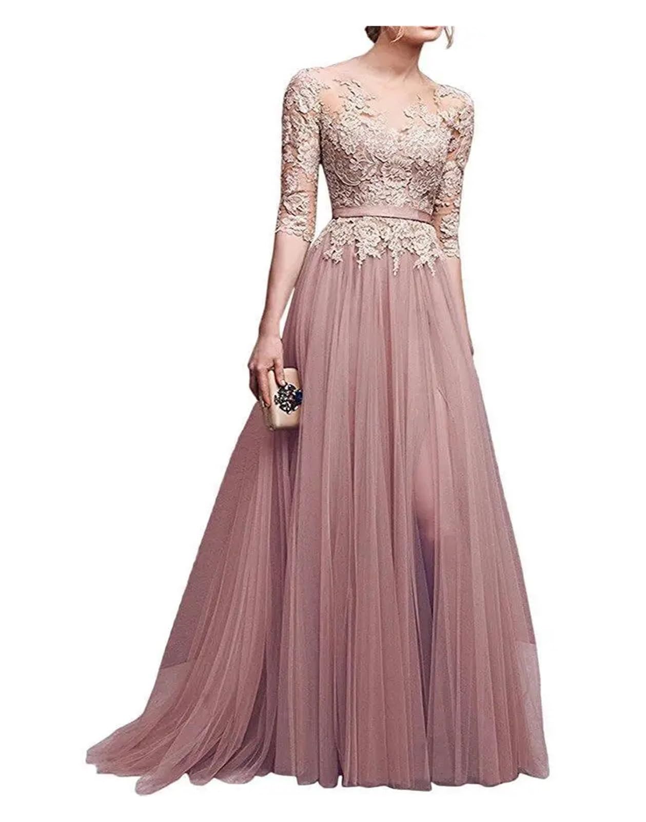 Vestiti Cerimonia Donna Eleganti Abiti Da Damigella D'onore Lunghi Eleganti In Tulle Rosa Blu Con Applicazioni In Pizzo E Mezza Manica, Abiti Da Ballo For Feste Serali Con Spacco Alto(Pink,12)