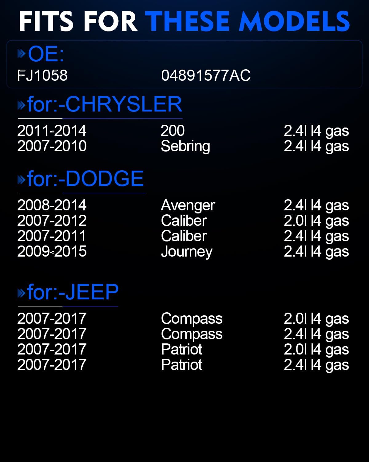 Upgraded FJ1058 Fuel Injectors For:-Jeep Patriot Compass 2007-2017, For:-Dodge Journey 2009-2015 Avenger 2008-2014 Caliber, For:-Chrysler 200 Sebring, 2.0L 2.4L L4 04891577AC (4 PCS)