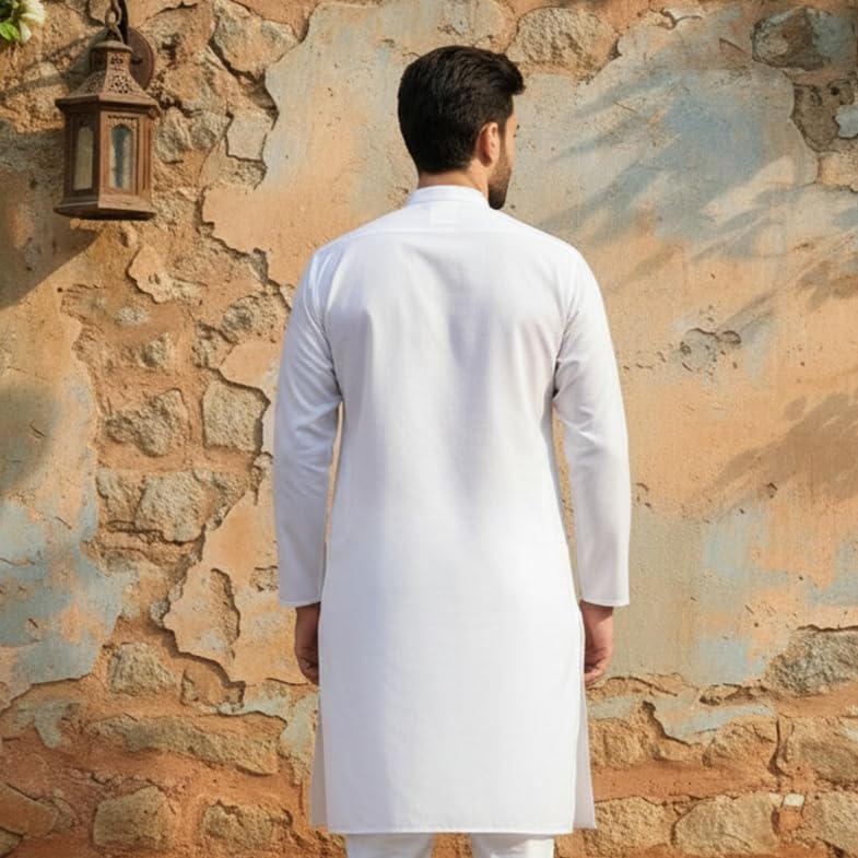Image of Men's Cotton Blend Blend Knee Length Solid Color Style Stright Long Mandrin Collor Ethnic Casual Wear Kurta Only