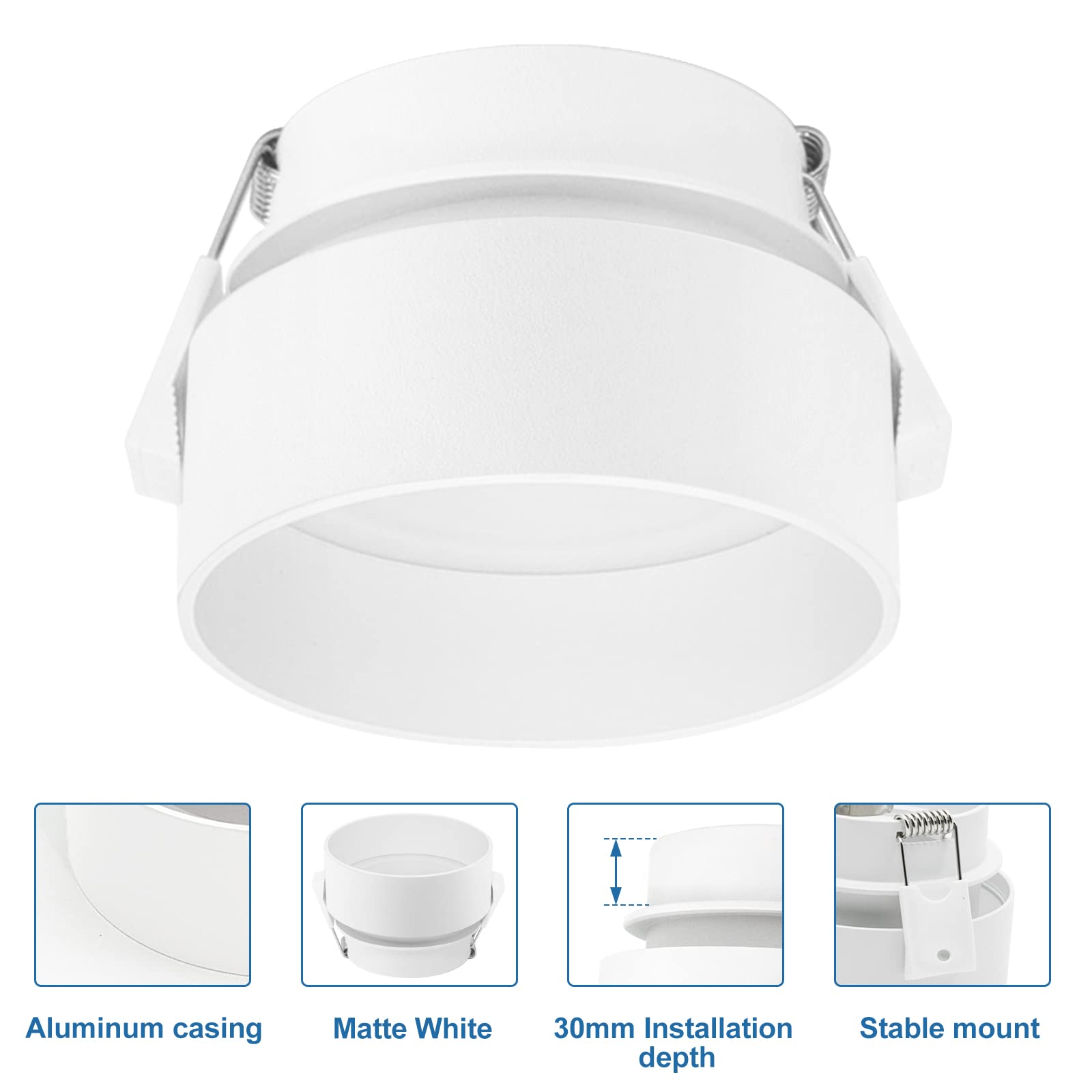 KYOTECH Foco LED de techo con luz indirecta, incluye módulo LED intercambiable de 5 W, blanco cálido, 3000 K, 400 lm, foco LED empotrable, redondo, blanco, empotrable, foco de diseño 30 mm, extraplano