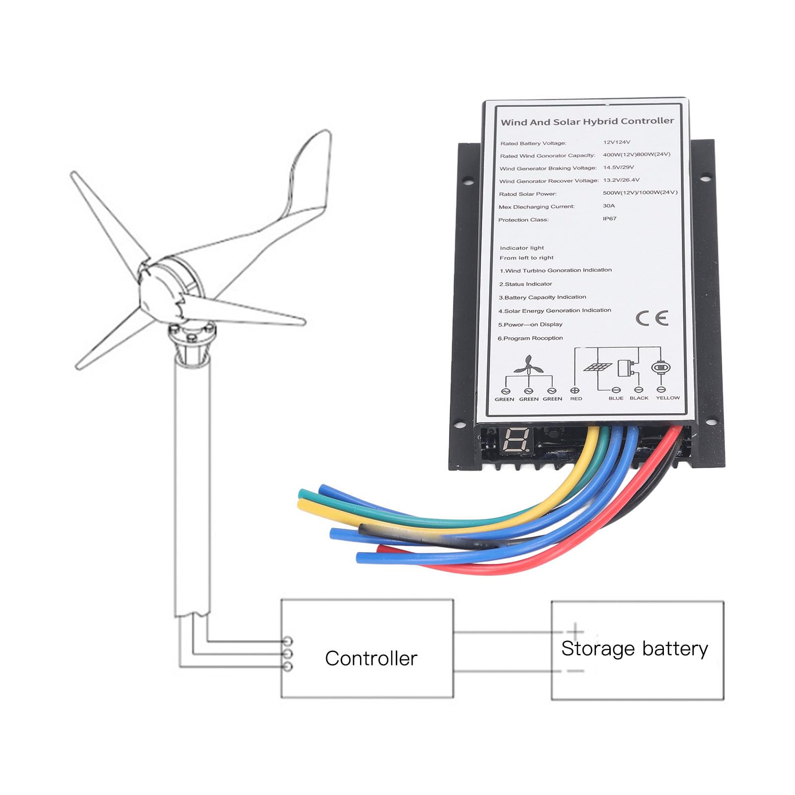 Kontroler ładowania generatora wiatrowego PolyGen 30A, hybrydowy kontroler energii wiatrowej do systemów 12V 24V, obsługuje turbinę wiatrową o mocy 800W i energię słoneczną o mocy