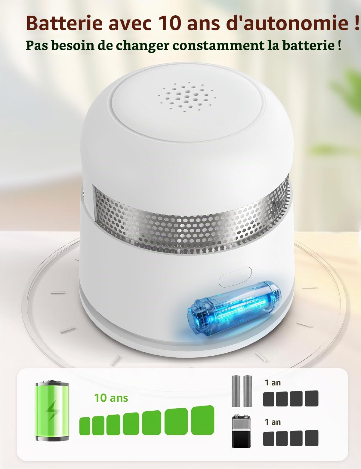 Détecteur de fumée, Pile de 10 Ans Alarme Incendie pour la Maison Détecteur de Fumée avec Batterie Scellée 10 Ans Pad Adhésif Conforme à la Norme EN14604