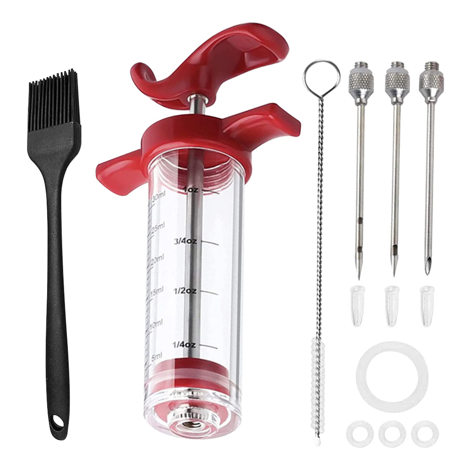 Fleischeinspritzdüsen-e-Set, 3 Nadeln, poröser Truthahn-Injektor für Fleisch mit Reinigungsbürste, Marinaden-Injektorspritze für BBQ Grill mit schwarzer Ölbürste, einfach zu bedienen und zu reinigen