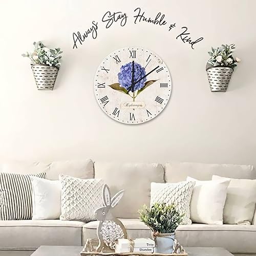 Miniatura 7 de Reloj de pared de hortensias moradas de 15 pulgadas, funciona con pilas, silencioso, sin tictac, retro, con textura de madera, reloj redondo para