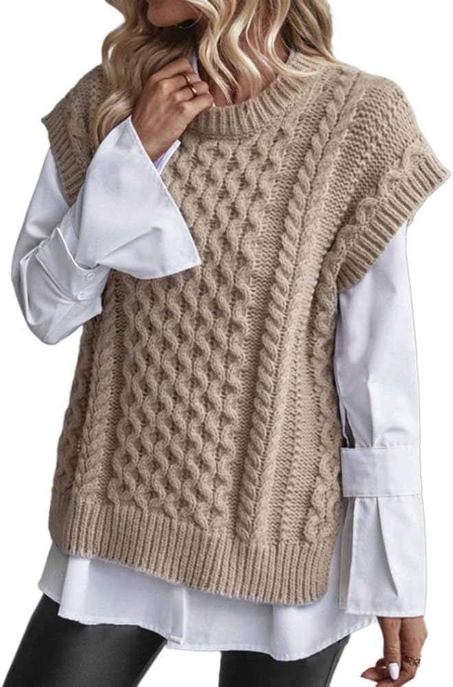 Kinghua Women's Sweater Vests Fall Winter Trendy Crewneck Sleeveless Cable Knit Vest Side Slit Pullover Tops Outwear