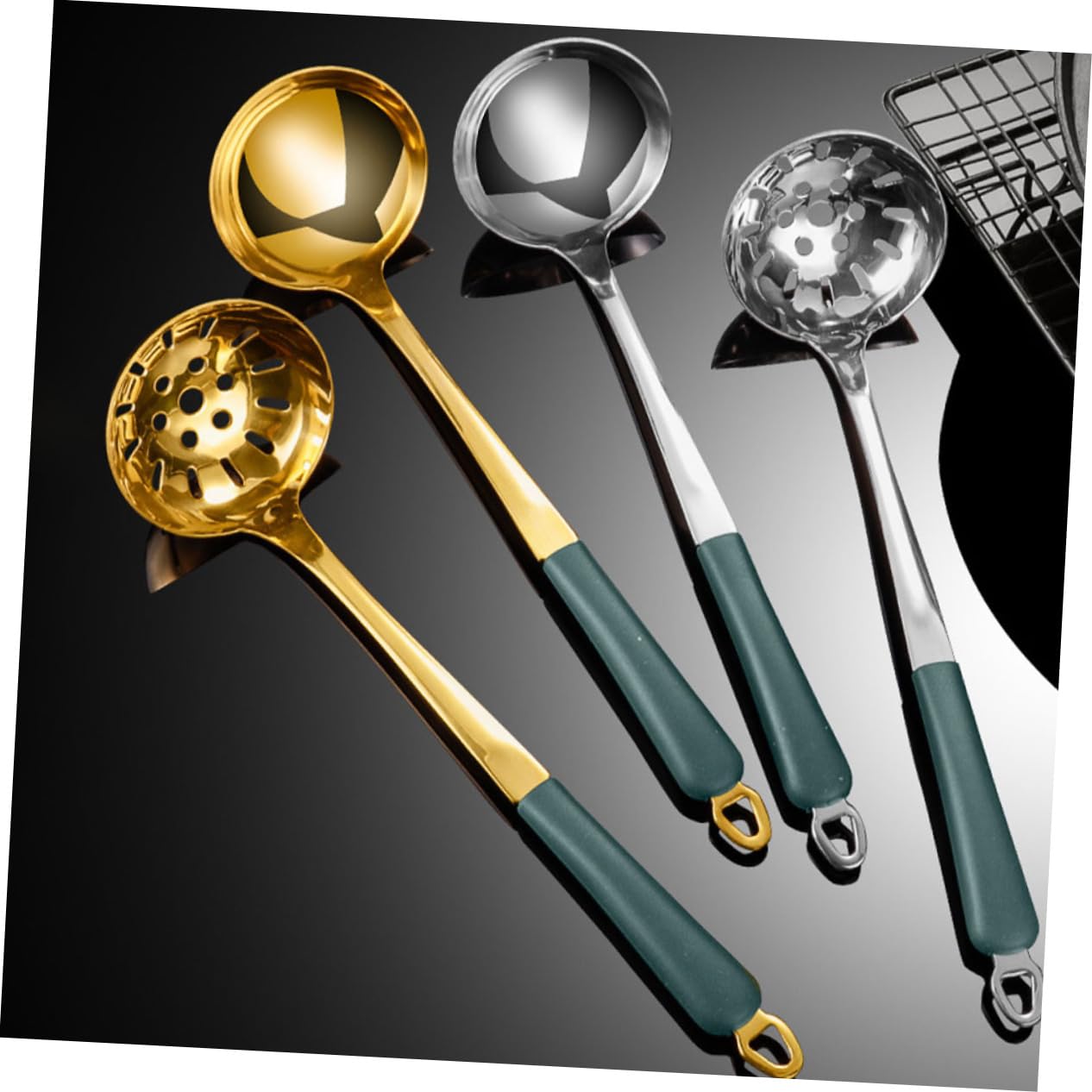 BRIGHTFUFU Set of 2 Gold Silverware Serving Spoon Slotted Spoon Hot Pot Soup Ladle