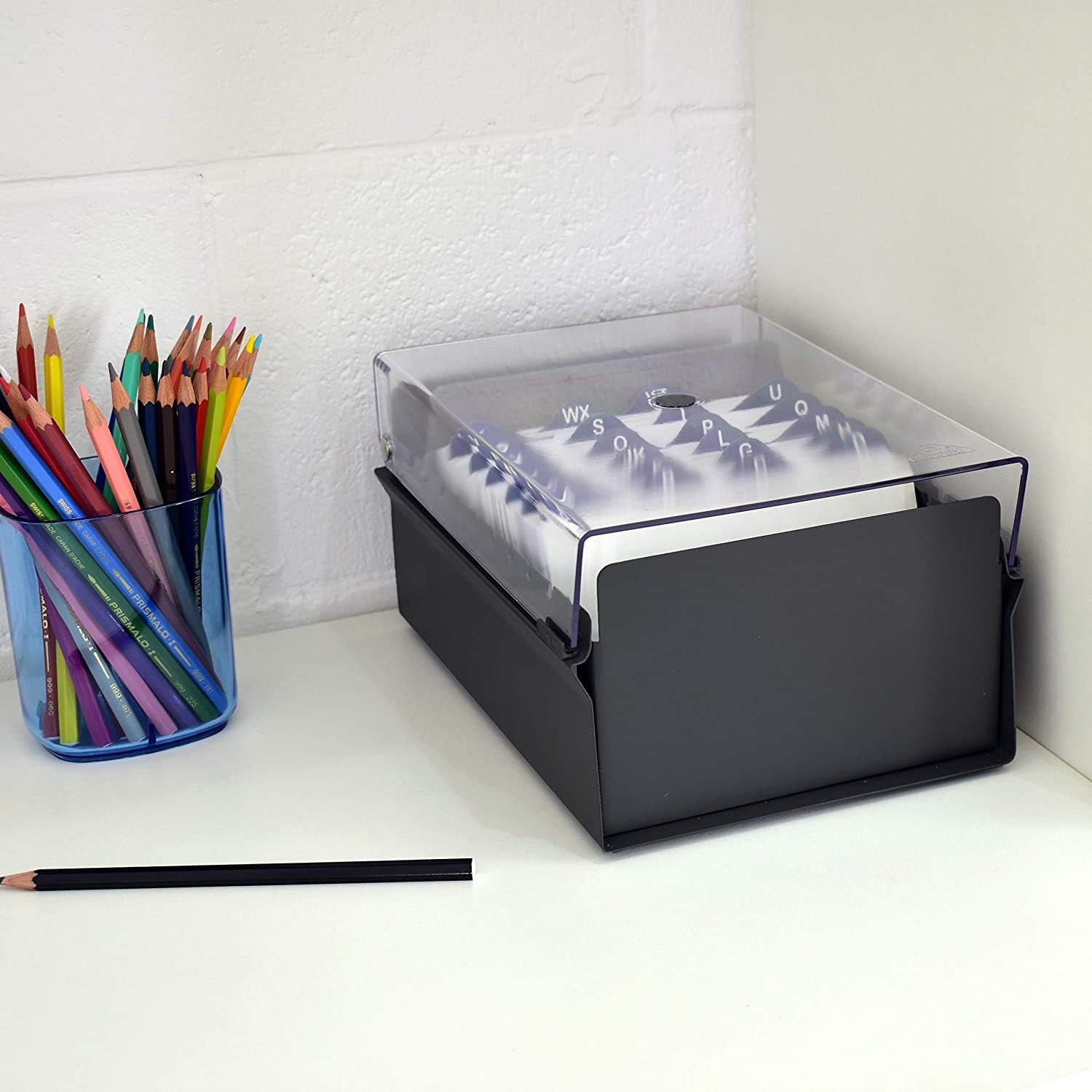 Acrimet 4 x 6 Card File Holder Organizer Box Metal Base Heavy Duty (AZ Index Cards and Divider Included) (Black Color with Clear Crystal Plastic Lid Cover)
