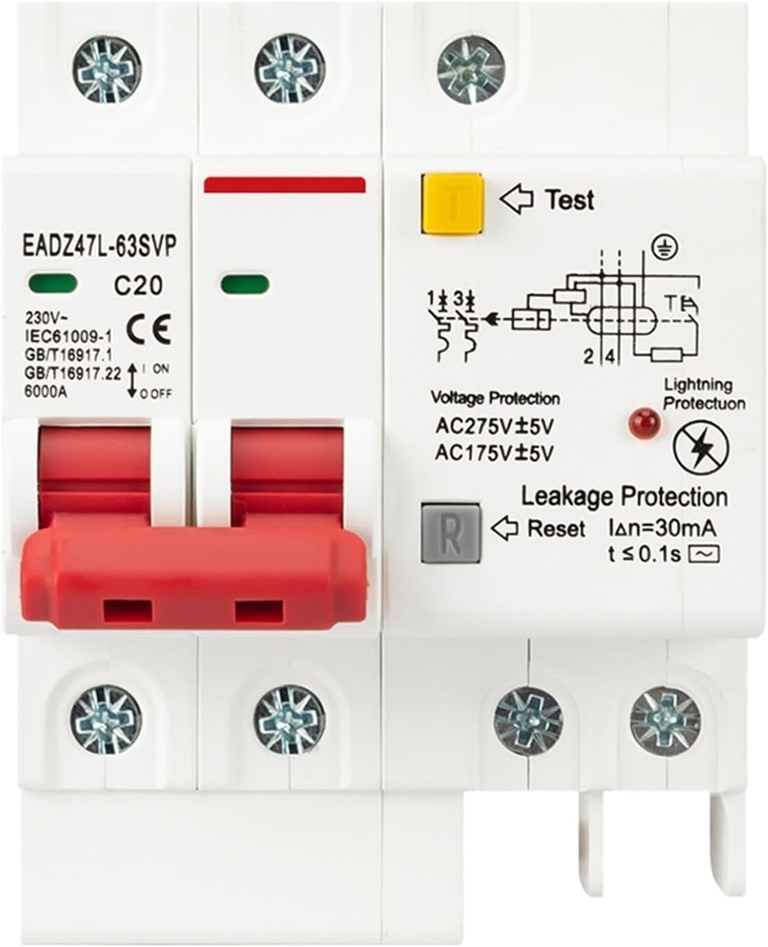 230V 2P SPD Residual Current Circuit Breaker With Overload Overvoltage RCBO RCCB With Lightning Protection MCB Leakage Protector(10A)