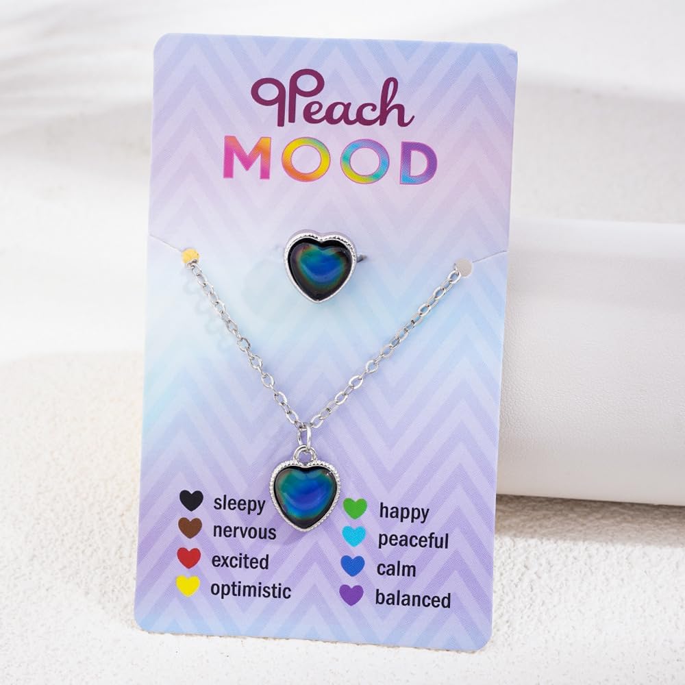 Cute Temperature Sensing Mood Necklace Ring Set Cute Cat Unicorn Round Love Heart Shape Color Changing Necklace Open Rings Emotion Feeling Mood Jewelries for Couples BFF Friendship Jewelry Gifts