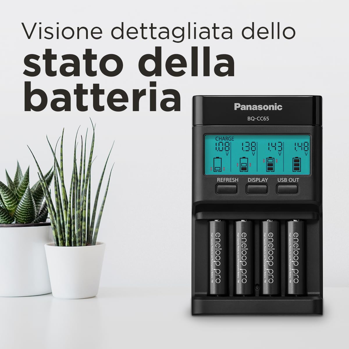 eneloop pro Caricabatterie PRO, per 1-4 batterie ricaricabili AA/AAA, 2 ore tempo di ricarica, 10 funzioni di sicurezza