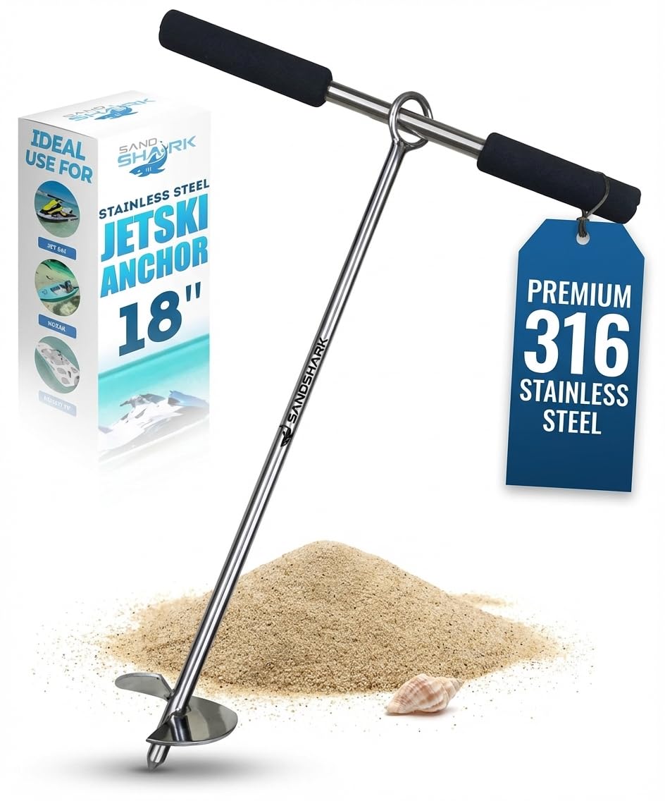 SandShark Lite Series Boat Anchor - Shallow Water Anchor Pole - Jet Ski Anchor, Kayak Anchor, Pontoon Boat Accessories for Beach and Sandbar - 316 Stainless Steel w/Handle and Padded Case