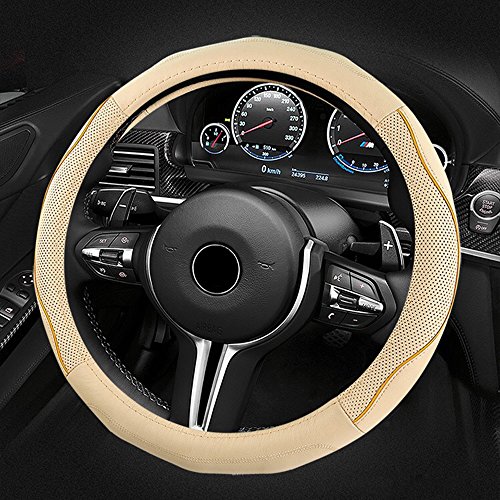 FLKAY-JM Universal Auto Lenkradhülle Lenkrad Abdeckung Anti Rutsch Lenkradbezug aus echtes Leder 37-39CM / 15'' Lenkradschutz Lenkradabdeckung Lenkradschoner - Beige