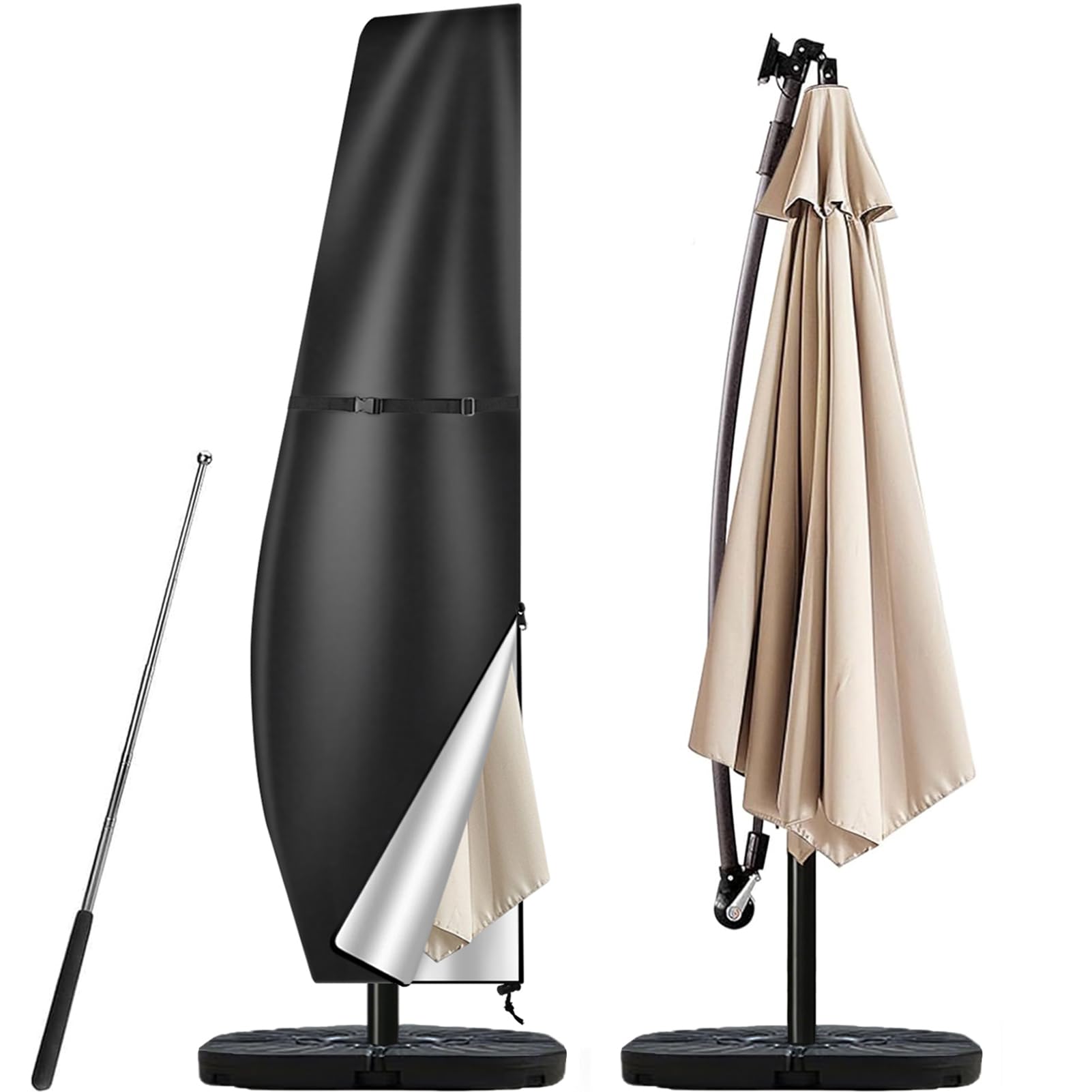 Teynewer Parasol Cover Waterproof, Garden Cantilever Umbrella Cover with 210D Oxford Fabric, Telescopic Rod and Zipper Fit for 2 to 4 m Banana Patio Umbrellas, Windproof & Anti-UV - 265x40x70/50cm