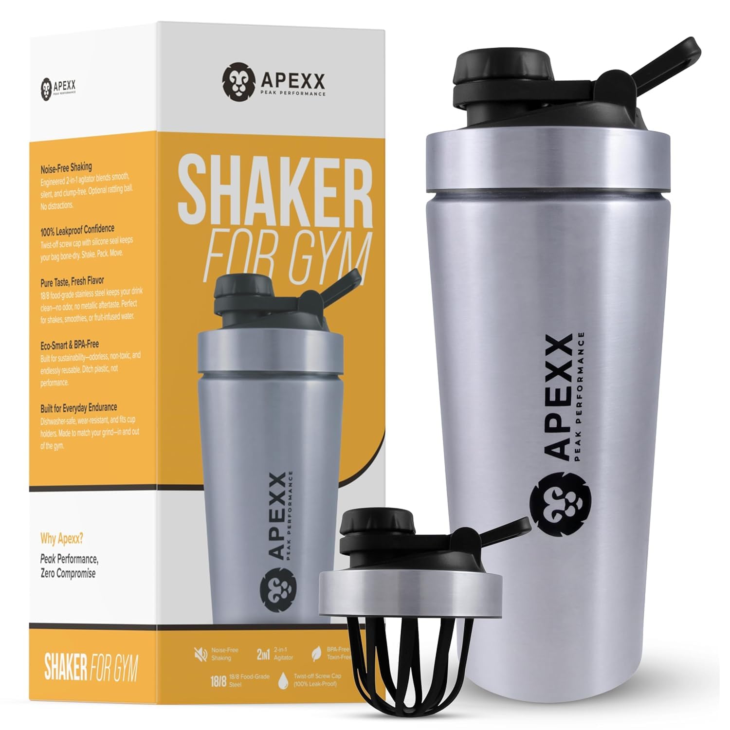 Apexx Protein Shaker Bottle – Steel Shaker for Gym with Silent Mixing, Leakproof Twist Cap, BPA-Free, No Smell with Carry Handle - Silver 750ML-image-10