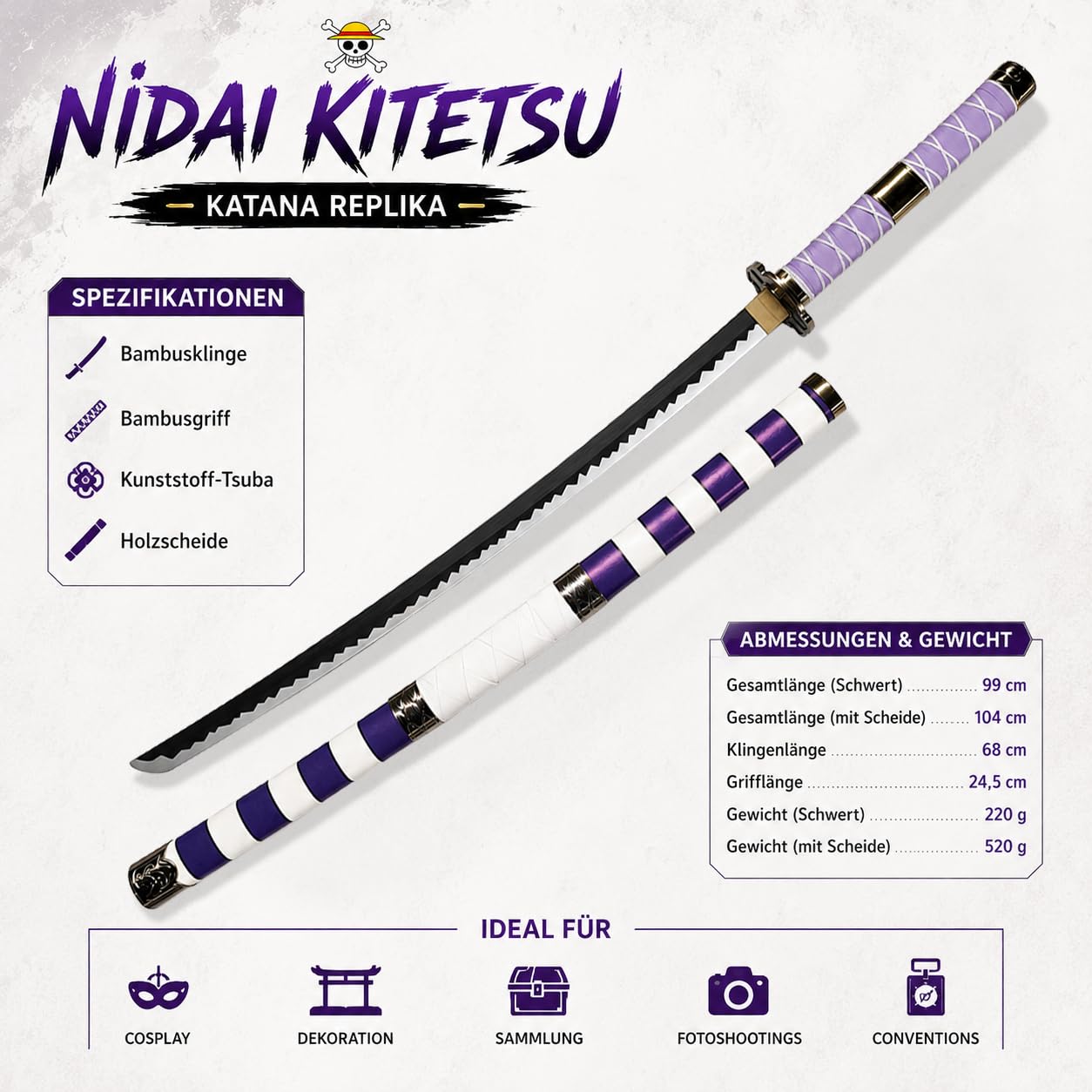 One Piece - Katana aus Holz mit Scheide, Samurai Schwerter, Holzschwert, Zoro Schwert, Bambusklinge, One Piece Katana, Animefans, Anime, Cosplays, Spielzeug für Kinder