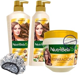 Kit (Shampoo + Conditioner + Treatment + Aluminum Cap) Intensive Repair | Set Reparacion Intensiva Nutribela15 Colombia (Champu + Acondicionador + Tratamiento + Gorro Aluminio) (42.2oz)