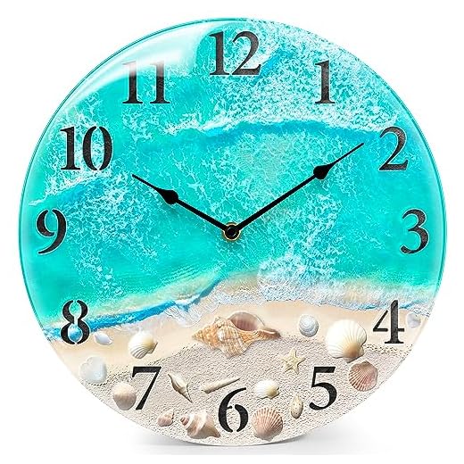 Coastal Nautical Glass Wall Clock with Seashell Design and Aesthetic Beach Theme - Battery Operated Silent Wall Decor for Home, Kitchen, Living Room, Office, Bedroom, or Bathroom (12 Inch,Teal)