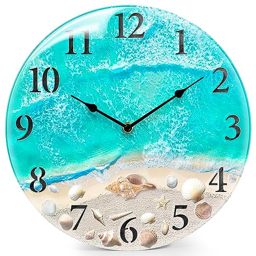 Coastal Nautical Glass Wall Clock with Seashell Design and Aesthetic Beach Theme - Battery Operated...