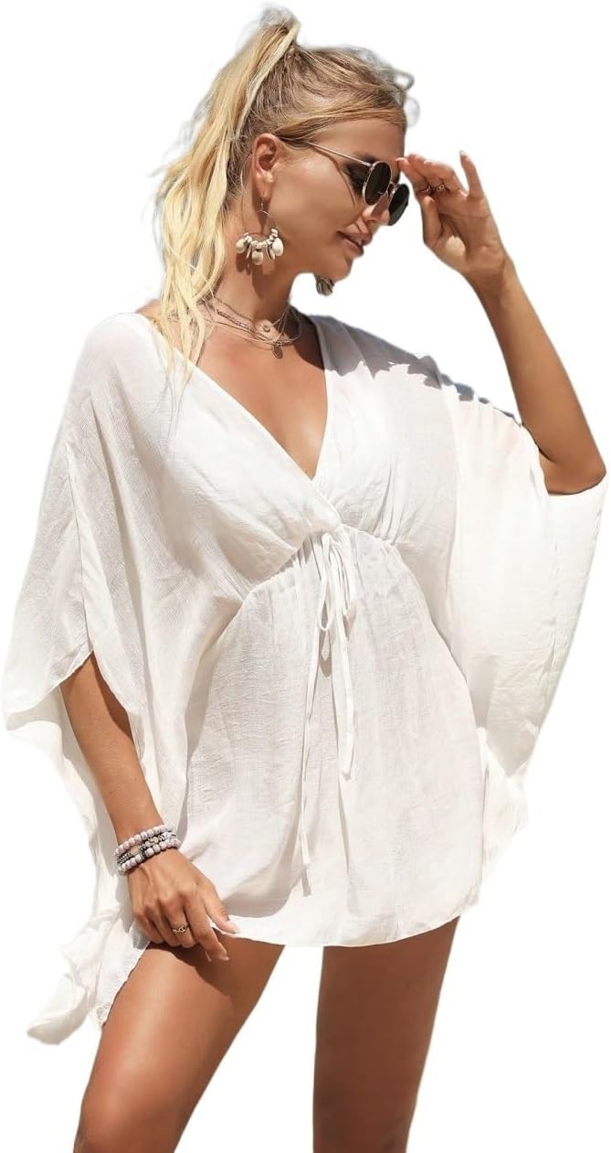Women Swimsuit Cover Up Summer Beach Solid Tie Front Cover Up
