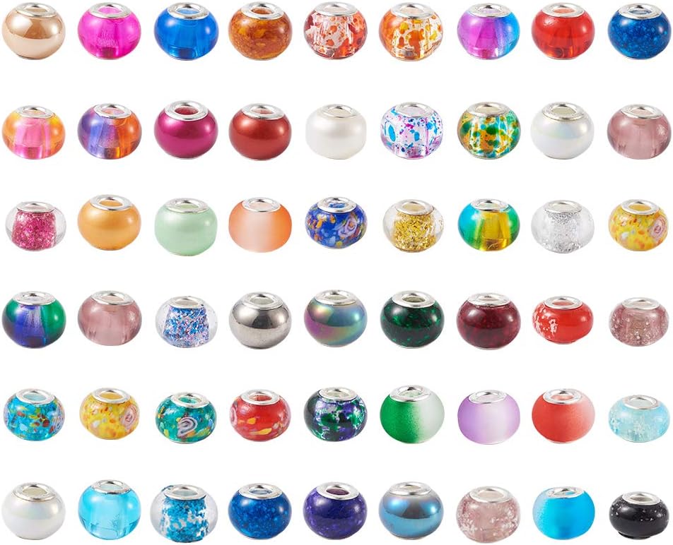 FASHEWELRY 200Pcs 14x8.5-10mm Mixed Color Lampwork European Beads 5mm Rondelle Large Hole Beads for Bracelet Necklace Jewelry Making