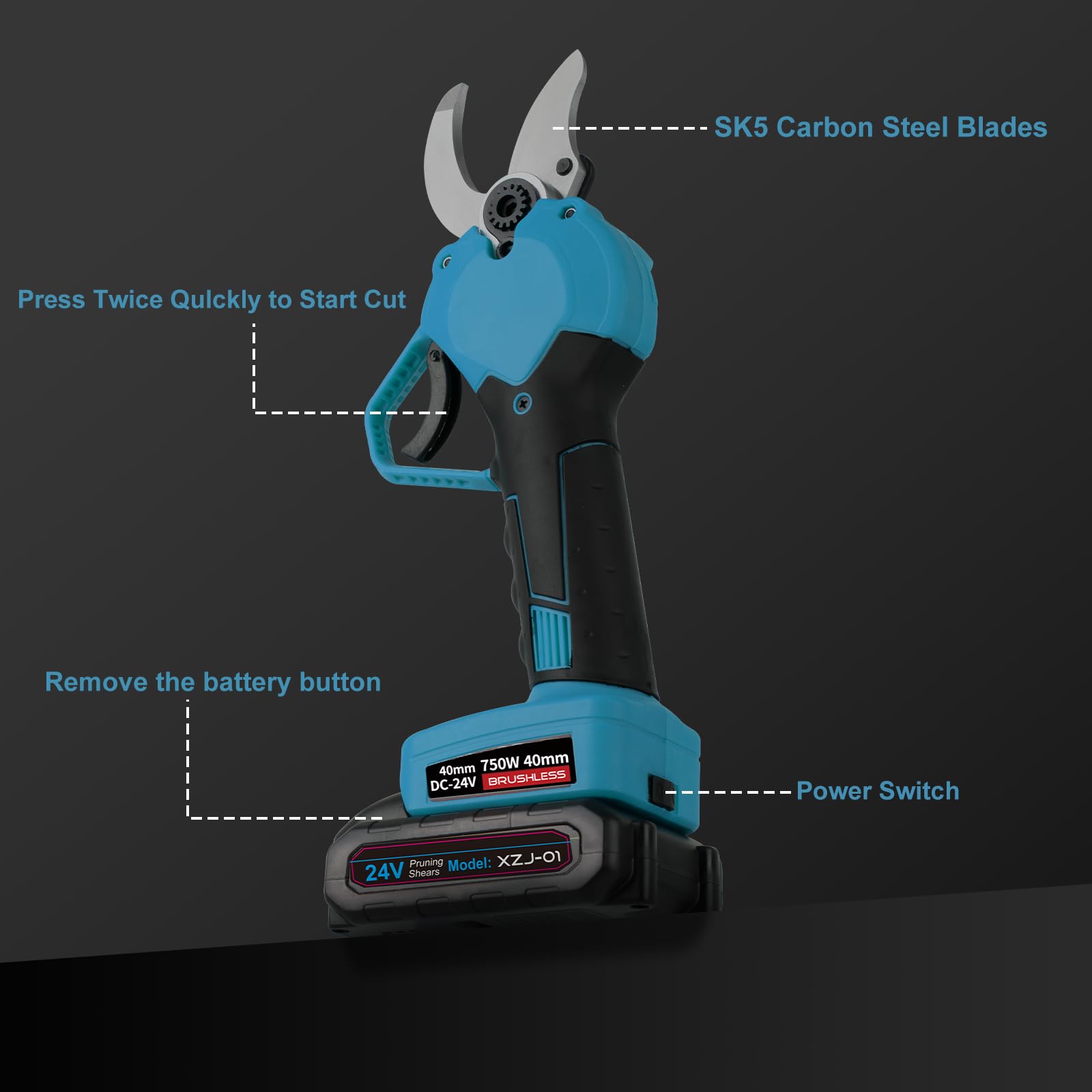 Tijeras de Podar Eléctricas 40 mm con 2 Baterías 3.0Ah | Podadora eléctrica con corte progresivo, ideal para huertos, jardines y parques, autonomía prolongada para poda eficiente