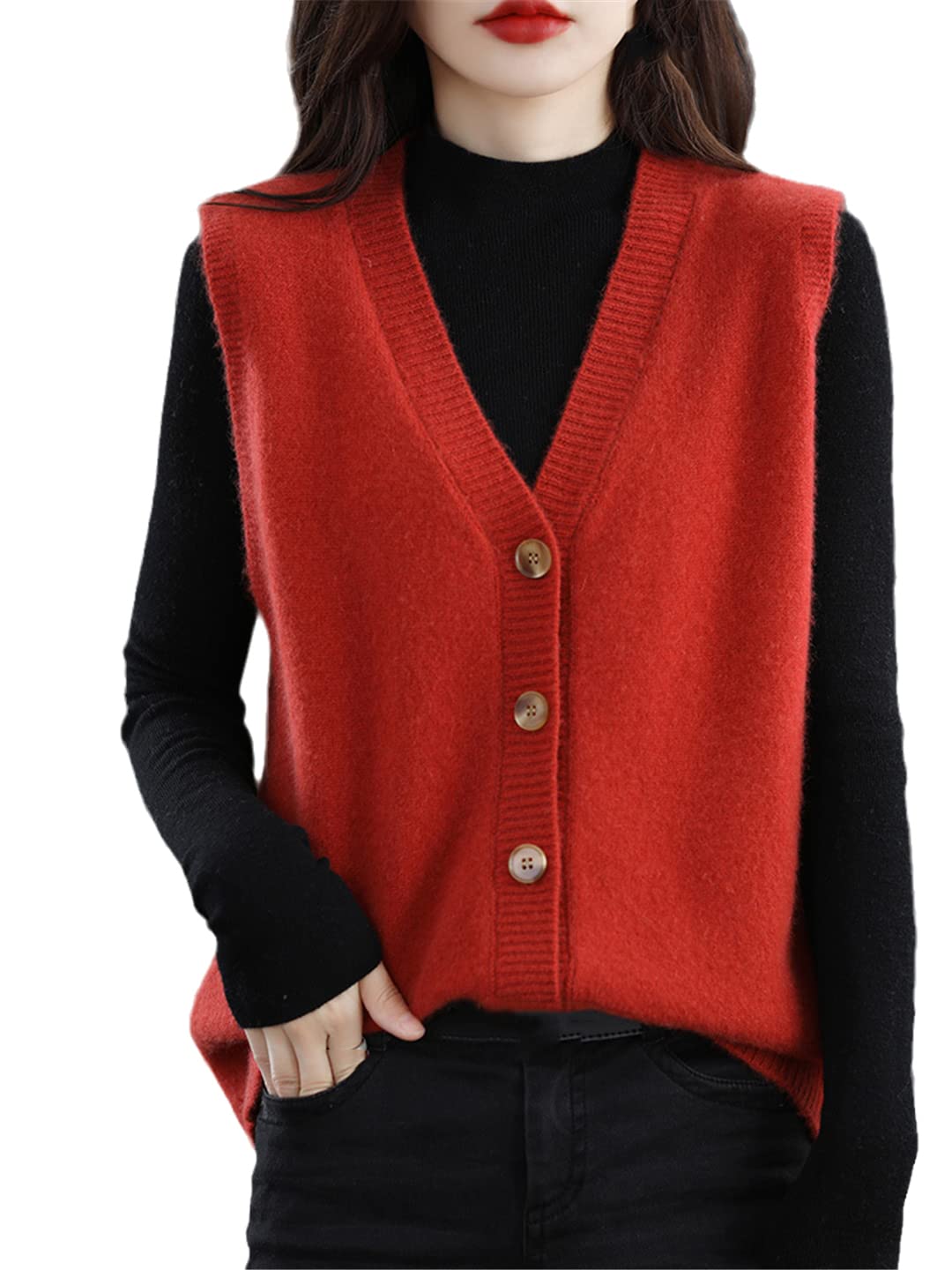 Ownwfeat Gilet in Maglia Cardigan Senza Maniche con Bottoni in Lana con Scollo A V da Donna