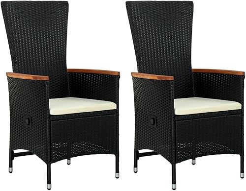 Sillas de patio 2 piezas con cojines de ratán de polietileno negro para patio al aire libre, comedor, césped, sillas de comedor al aire libre,