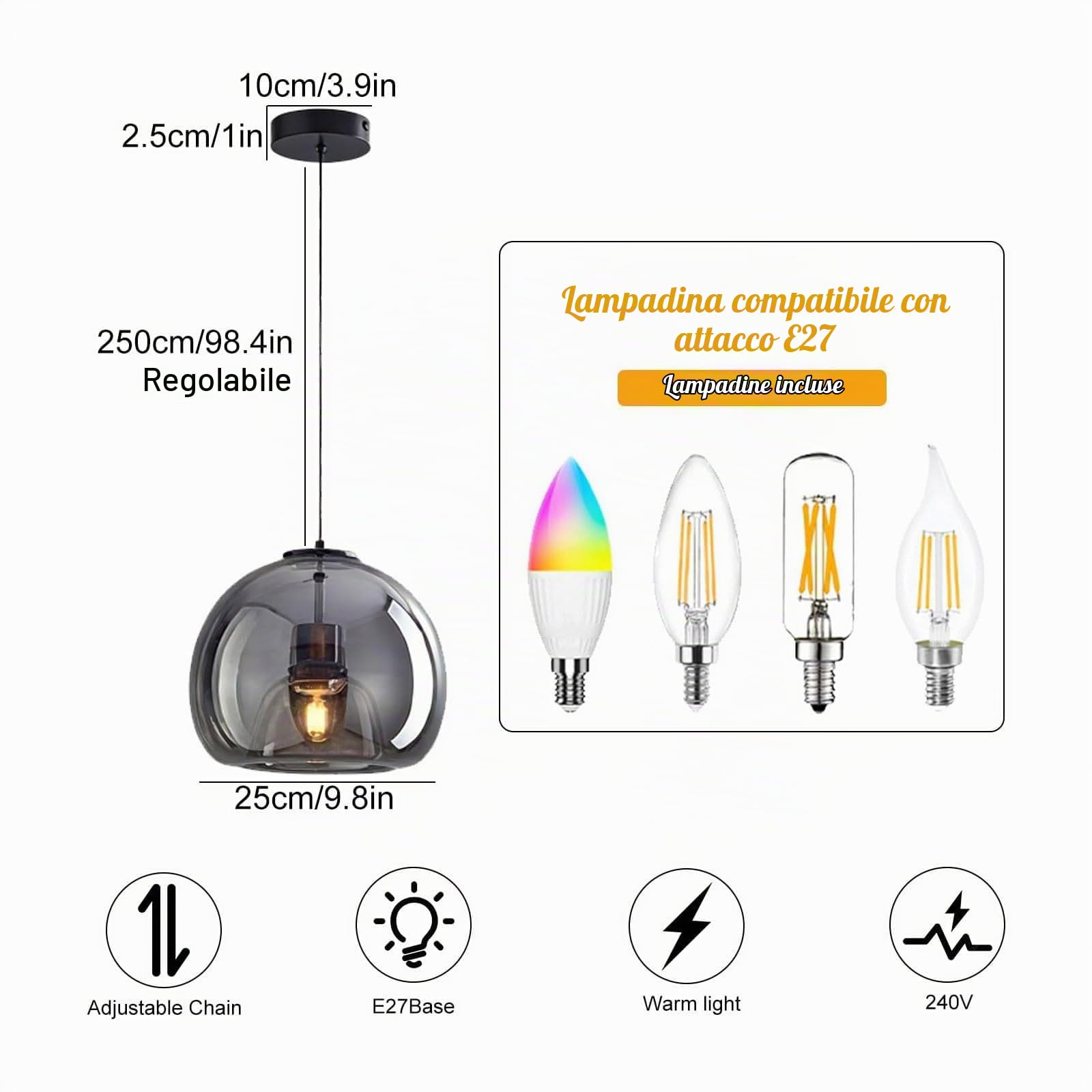 Lampadario moderno in vetro grigio fumé/ambra, lampade a sospensione in ferro da 9 pollici, illuminazione a sospensione regolabile in altezza per camera da letto Isola cucina Sala da pranzo Soggiorno