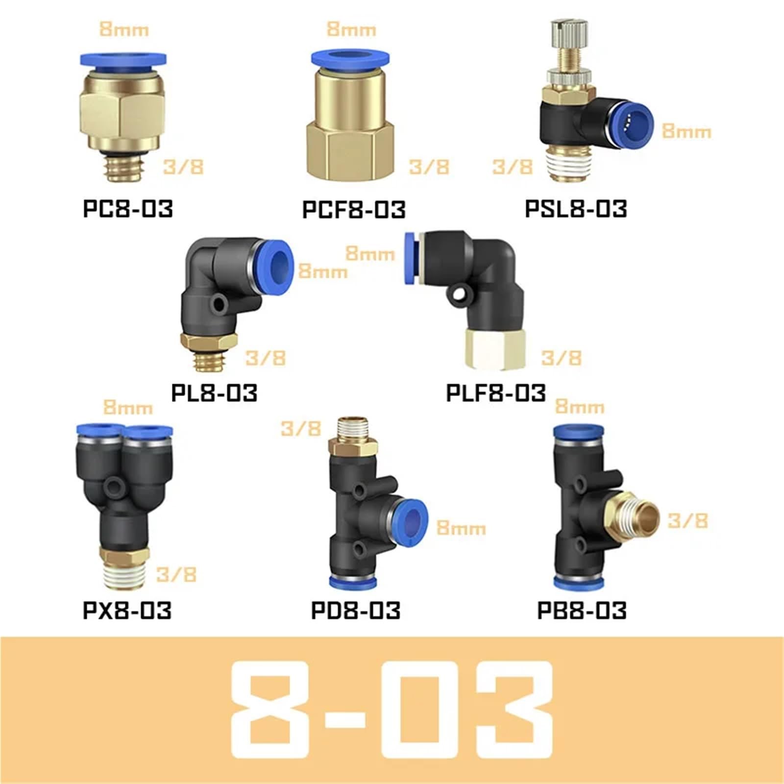 Accesorio de conector de aire neumático PC de 4 mm, 6 mm, 8/10 mm, rosca de 1/8, 1/4, 3/8 y 1/2 pulgadas, accesorios de manguera(8-03)