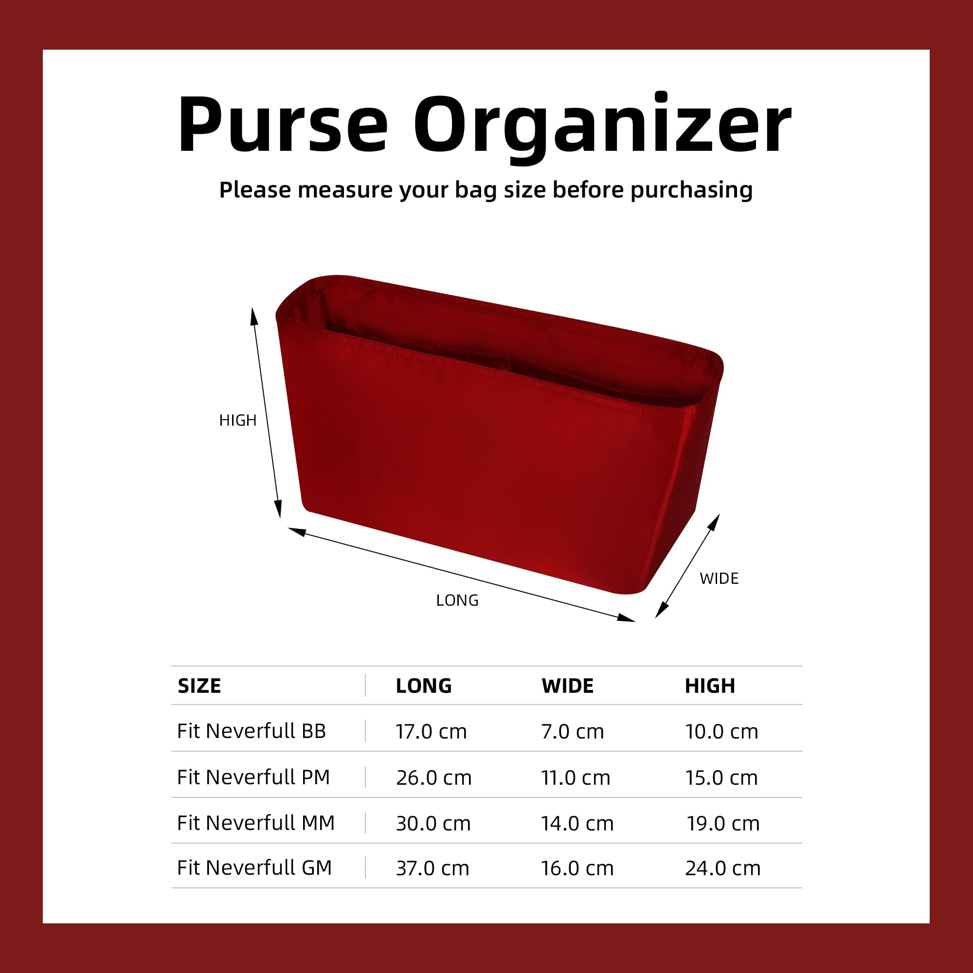 DGAZ Organizador de Bolso de Seda Premium, Inserto Ligero para Neverfull BB/PM/MM/GM, Forro Interior Elegante que Protege y Organiza (Rouge casaque, MM)