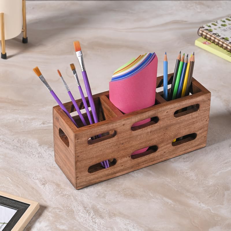 Image of Wooden Cutlery Holder for Kitchen - Cutlery and Tissue Holder for Dining Table | Spoon and Fork Organizer with Ventilated Design | Perfect for Gifting - Brown