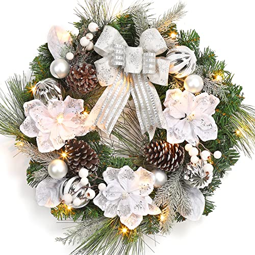 GarveeHome Christmas Wreath with Lights, 24 Inch Pre-lit Silver White Xmas Wreath with 20 Battery Operated LED Lights Artificial Magnolia Flower & Bow for Front Door Window Indoor Outdoor Decorations