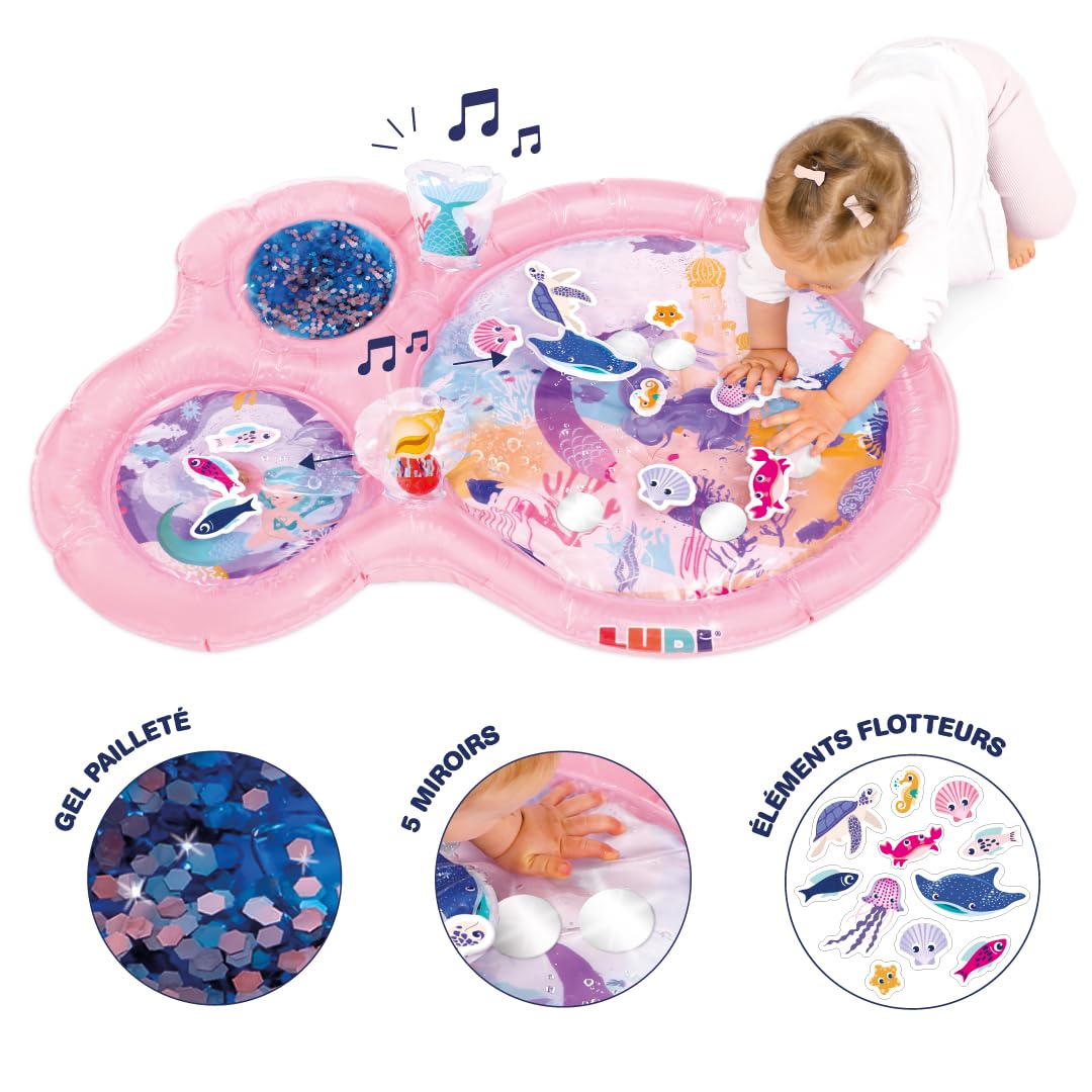 LUDI Coperta a forma di sirena, grande, per un momento di relax e risveglio, bordi gonfiabili, elementi galleggianti, tra cui 5 specchi, 2 attività sonore, gel glitterato