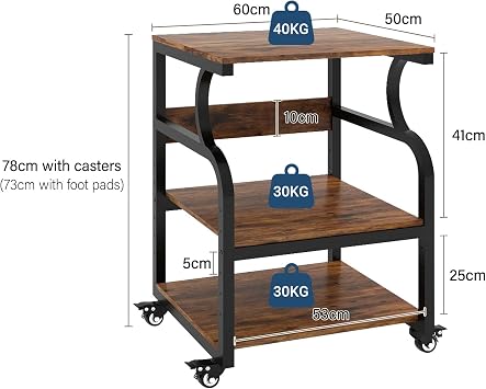 PUNCIA 3-Tier Movable Printer Stand Table with Storage for Home Office | Large Rolling Cart on Wheels with Adjustable Shelf Organization Trolley for Heat Press 3D Printer Copier Machine Retro